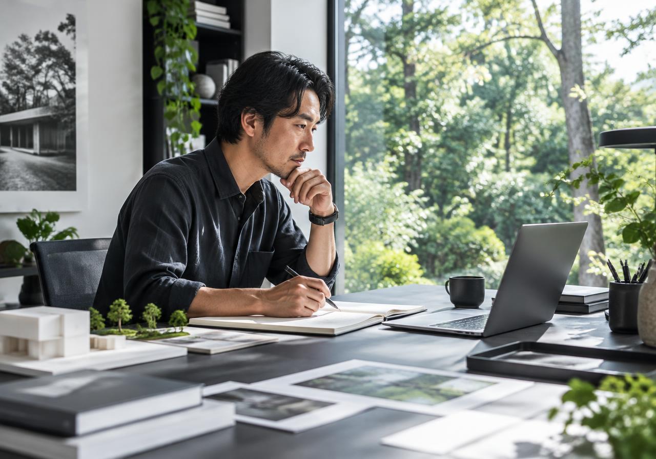 明るい仕事場でノートを開き、集中する男性のイメージ