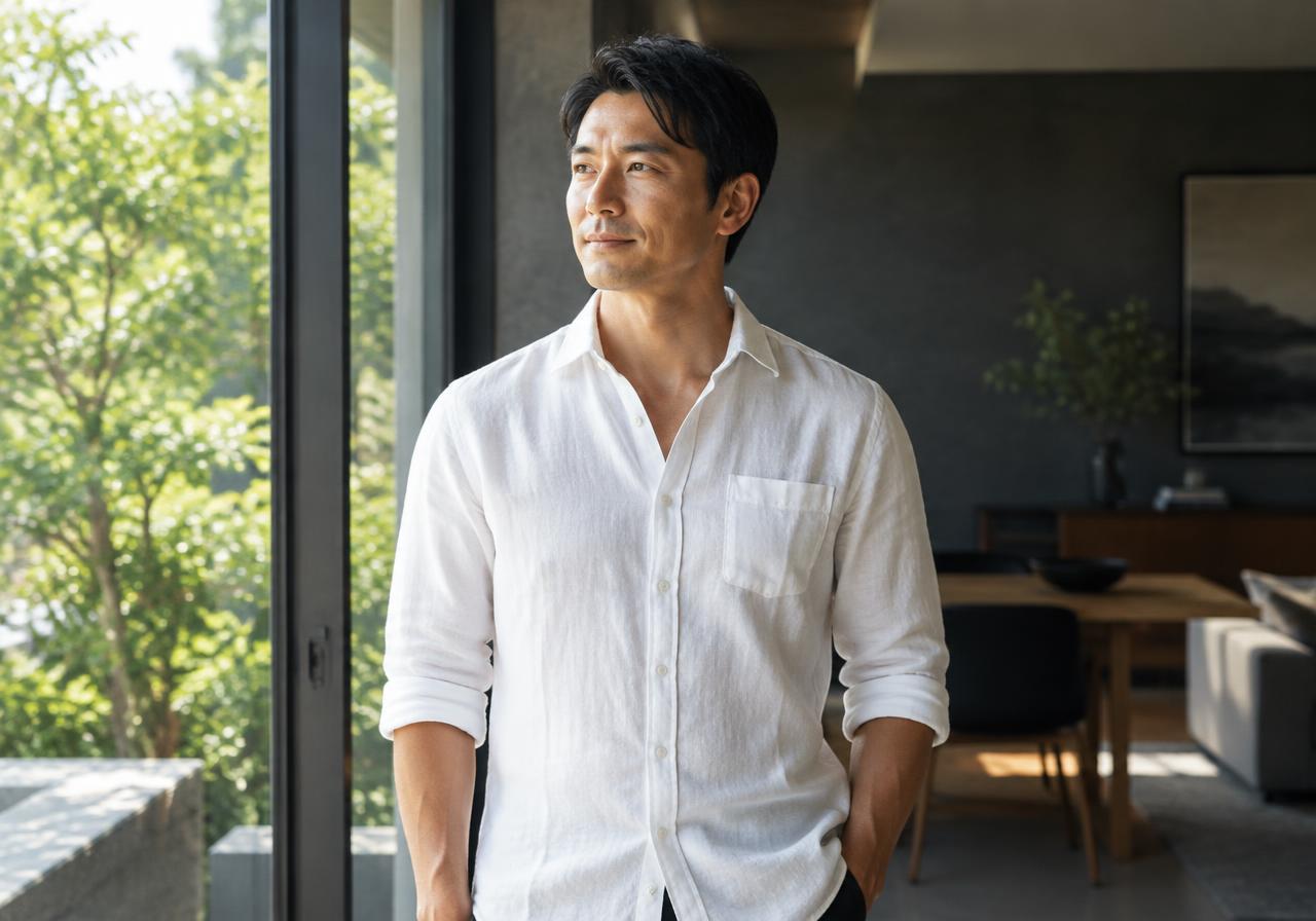 朝の光を浴び、穏やかに窓辺に立つ男性のイメージ